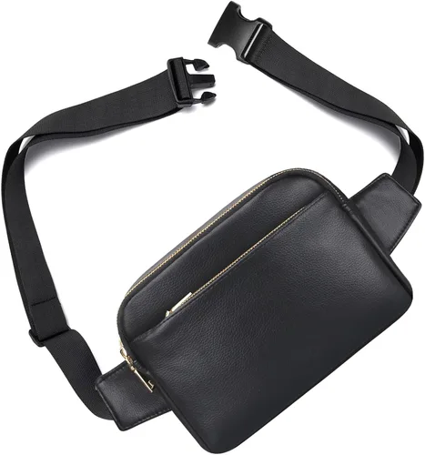 Vista 6 de Cangurera para hombres y mujeres, cangurera de cuero con estilo cruzado, bolsa pequeña de diseñador, Negro2, Riñonera de cuero para hombre y mujer