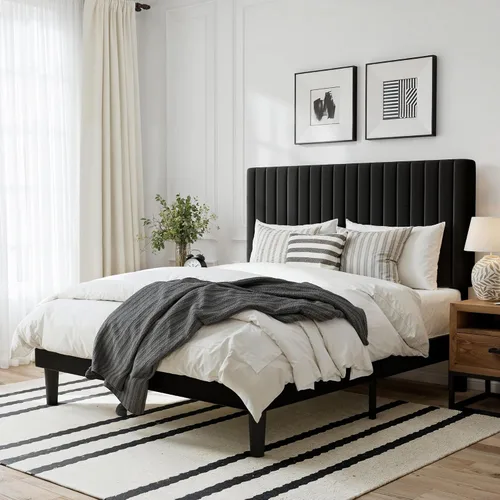 Vista 3 de GOLDORO Base de cama tapizada de terciopelo de tamaño matrimonial con cabecera capitoné de canal vertical, soporte de listones de madera,