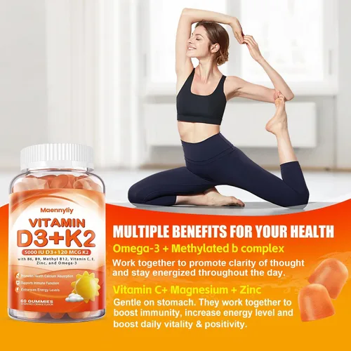 Vista 5 de Gomitas de vitamina D3 K2 para adultos – Vitamina D3 5000IU + K2 (MK-7) 120mcg – Suplementos D3 y K2 sin azúcar con omega-3, metilo B12, B9, B6