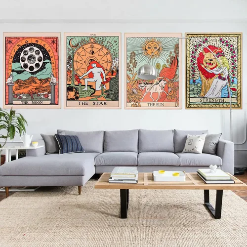 Vista 6 de ZeeDix Paquete de 4 Tapices de Cartas de Tarot para Colgar en la Pared, Lindo Arte Bohemio Hippie Espiritual con Sol y Luna, Estrellas, Fuerza