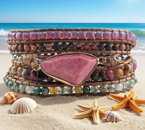 Vista 111 de ZOSOJONA - Pulseras bohemias hechas a mano de piedra natural, que dan vuelta, con cuentas de cristal de turquesa
