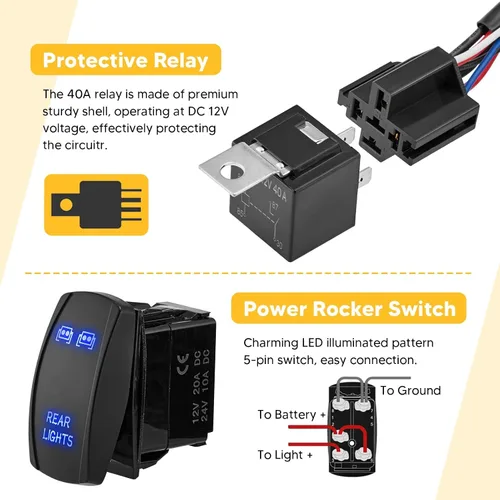 Vista 9 de Mofun - Kit de arnés de cableado de luz LED de 2 conductores con interruptor basculante azul para luces traseras, relé de encendido/apagado
