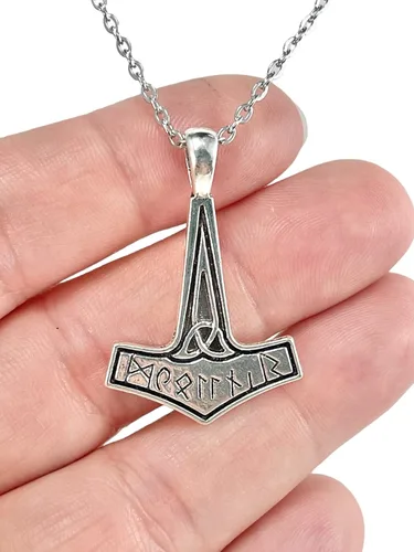 Vista 2 de Colgante Mjolnir de plata, martillo de Thor, collar de talismán vikingo nórdico con cadena de acero inoxidable