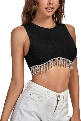 Vista 3 de Rooscier Camiseta corta sin mangas con diamantes de imitación acanalados para mujer