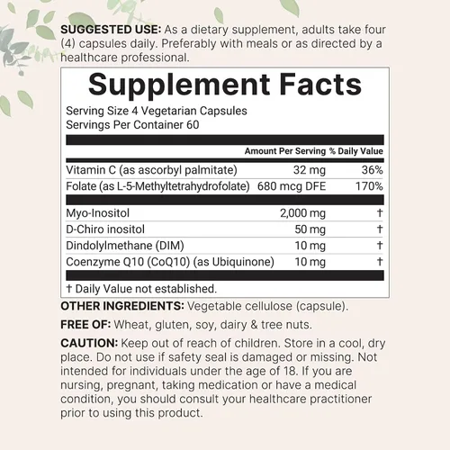 Vista 2 de Myo-inositol y D-Chiro Inositol 2,050 mg 240 cápsulas vegetales + vitamina C, folato, DIM y CoQ10 Suplemento de inositol para mujeres
