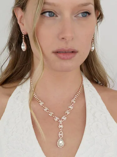 Vista 4 de Mariell Juego de aretes de collar de diamantes de imitación de oro rosa con rubor brillante para graduación dama de honor y novias Metal Metal