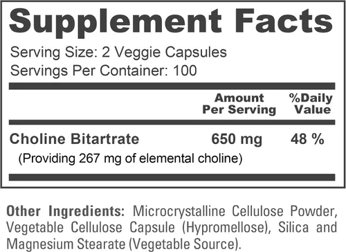 Vista 4 de Bitartrato de colina, vegano, sin OMG, 650 mg, 200 cápsulas - 100 porciones Dietary Supplement Formula, Choline Bitartrate, Suitable for Adults