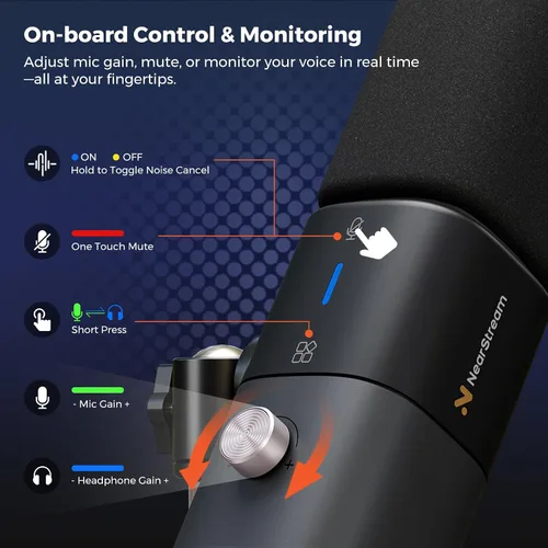 Vista 6 de NearStream AM15X Micrófono dinámico para PC con USB/XLR, cancelación de ruido 24-Bit/48kHz Audio, Headphone Monitoring, Mute, Gain Control and