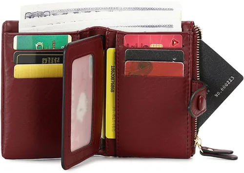 Vista 4 de Carteras pequeñas de triple pliegue para mujer, carteras Rfid para mujer, billeteras plegables de cuero para mujer, portatarjetas compactas