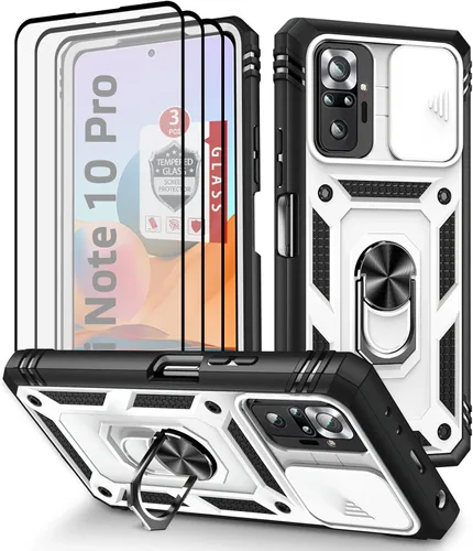 Vista 11 de Funda para Xiaomi Redmi Note 10 Pro, Redmi Note 10 Pro MAX con 3 protectores de pantalla de vidrio templado con soporte de anillo integrado + Negro