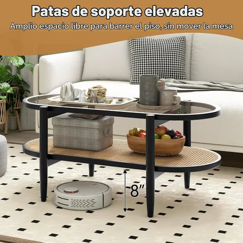 Vista 7 de GIANTEX - Mesa auxiliar de ratán, mesa central ovalada de madera de 40 pulgadas, color negro