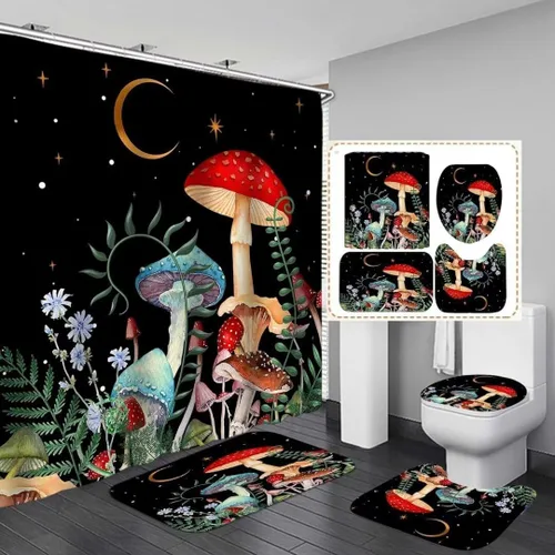 Vista 13 de Juego de 4 cortinas de ducha con diseño de hongos e iluminación
