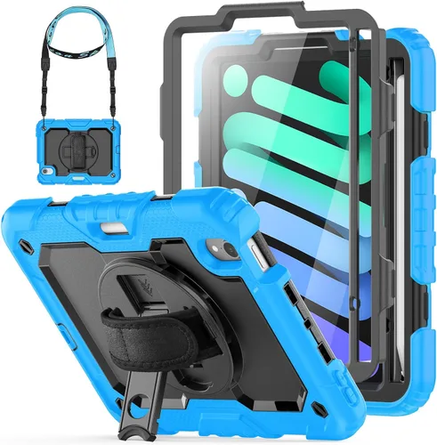 Vista 15 de HXCASEAC - Funda para iPad mini 7 (A17 Pro) / iPad mini 6 de 8,3 pulgadas, a prueba de golpes Pencil Holder Hand Strap Screen Protector