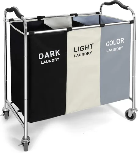 Vista 5 de Cesta de lavandería de 240L, cesta de almacenamiento grande, organizador de 3 secciones para ropa sucia, juguetes, toalla, 16 x 30 x 35 pulgadas