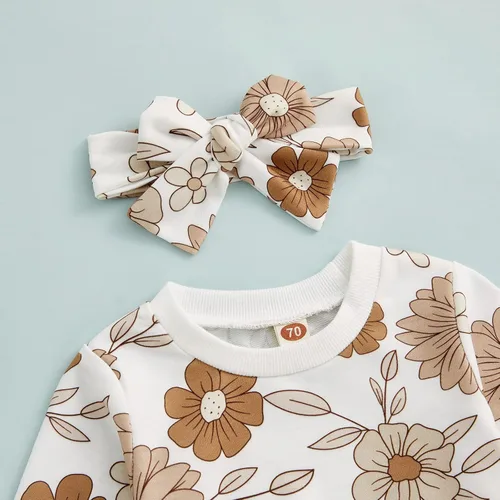 Vista 2 de Conjunto de 3 piezas para bebé, sudadera con margaritas + pantalones + diadema para bebé, ropa de otoño e invierno