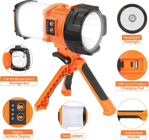 Vista 2 de BOBKID Linterna de campamento recargable con trípode, 6 modos, linterna LED de mano con 4000 lm, IPX4 impermeable reflector luz de trabajo