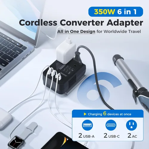 Vista 3 de Convertidor de voltaje de 350 W actualizado de EE. UU. a Europa para alisador de cabello, afeitadora, cepillo de dientes, cámara CPAP, teléfono