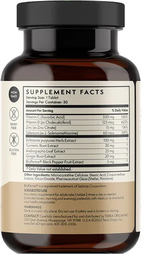 Vista 5 de TERRA ORIGIN Tabletas de refuerzo de la inmunidad Suplemento de apoyo inmunológico 9 en 1 para adultos con vitamina C antioxidante 30