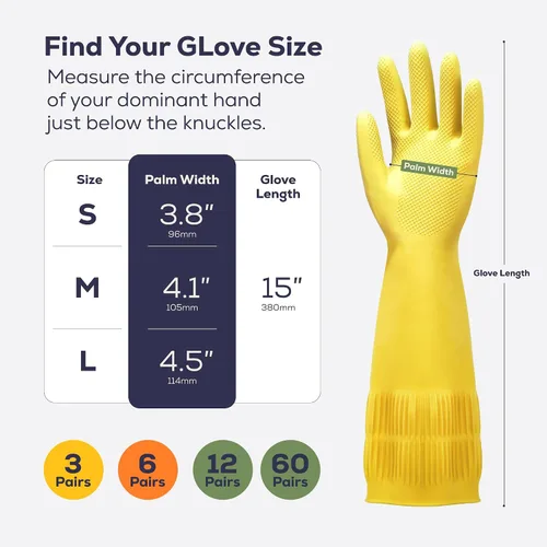 Vista 6 de FMP Brands 3/6/12/60 pares de guantes de goma extra largos de 15 pulgadas para lavar platos, antideslizantes para limpieza, cocina, baño, jardinería