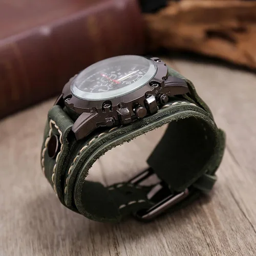 Vista 5 de Reloj de pulsera clásico con números romanos con correa de cuero PU, verde, Verde