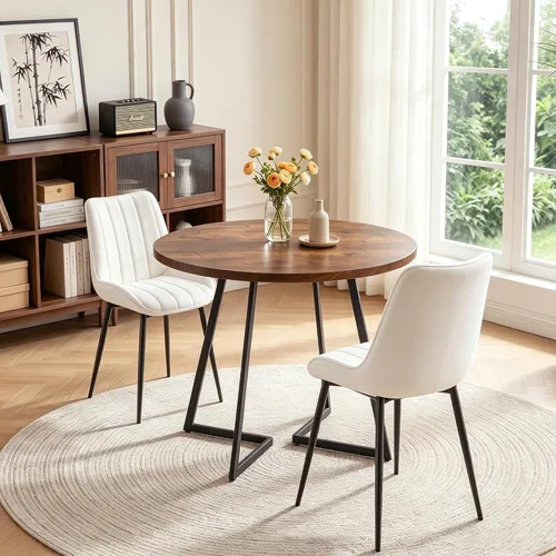 Vista 3 de VECELO Juego de mesa de comedor de 3 piezas, mesa de cocina redonda con 2 sillas tapizadas de terciopelo, diseño de ahorro de espacio para Marrón