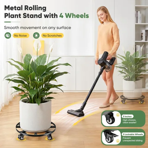 Vista 4 de 18" Round Metal Plant Caddy Rolling Plant Stand with Wheels Heavy Duty 500 lbs Capacity, Lockable Caster, Plant Dolly for Large Planter Pots & Heavy