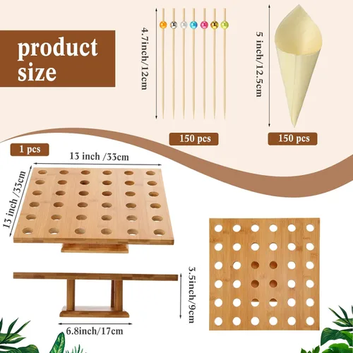 Vista 2 de Rtteri - 150 conos de madera desechables para alimentos con 36 agujeros, soporte de exhibición de cono de helado de bambú y 150 palitos de bambú