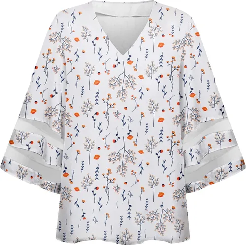 Vista 3 de Blusas de tubo para mujer, estilo hawaiano, manga 34, cuello en V, encaje de retazos, para festivales, tallas grandes, ajuste floral, blusas