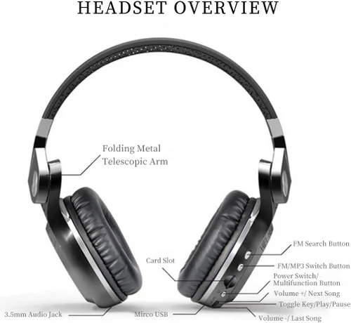Vista 3 de Bluedio audífonos Bluetooth inalámbricos T2 Plus con micrófono, ranura para tarjeta SD y radio FM, color negro