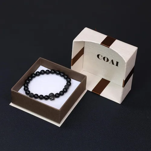 Vista 7 de COAI Pulsera de piedra de obsidiana brillante de plata con calavera