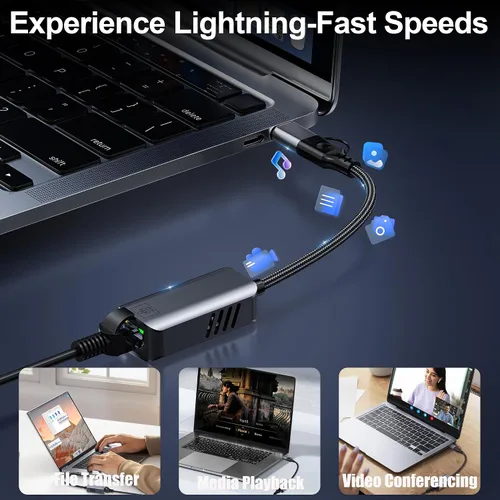 Vista 4 de Adaptador USB C a Ethernet de 5 Gbps, USB-A y USB-C a RJ45 LAN 5000 Mbps convertidor de red con cable, adaptador USB a Ethernet compatible