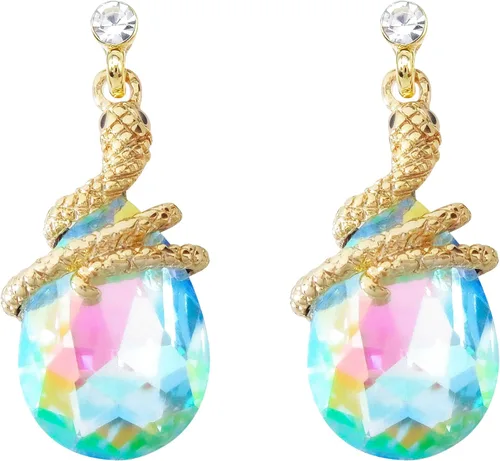 Vista 12 de Navachi Pendientes colgantes de gota de serpiente con forma de pera multicolor de cristal chapado en oro de 18 quilates Negro