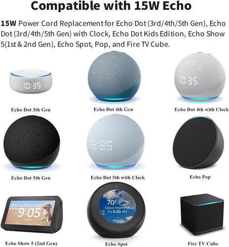 Vista 4 de Tonton Adaptador de corriente de 15 W para Echo Dot (3ª/4ª/5ª generación), Echo Dot con reloj, Echo Dot Kids, Echo Show 5 (1ª y 2ª generación), Echo