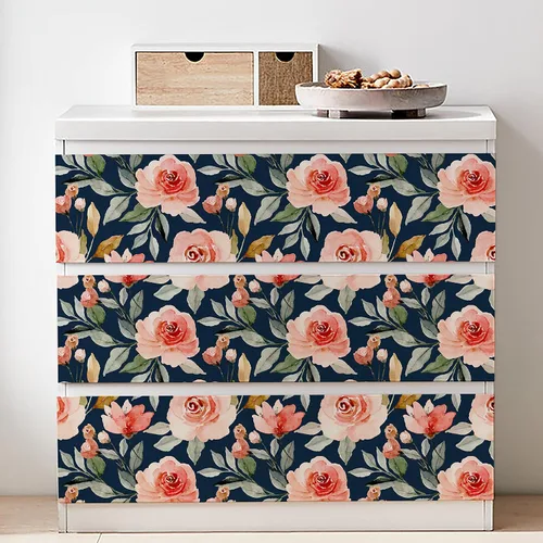 Vista 3 de Papel tapiz floral con fondo azul marino, autoadhesivo, extraíble, acuarela, flores, vinilo, papel de pared para estantería, encimera, decoración