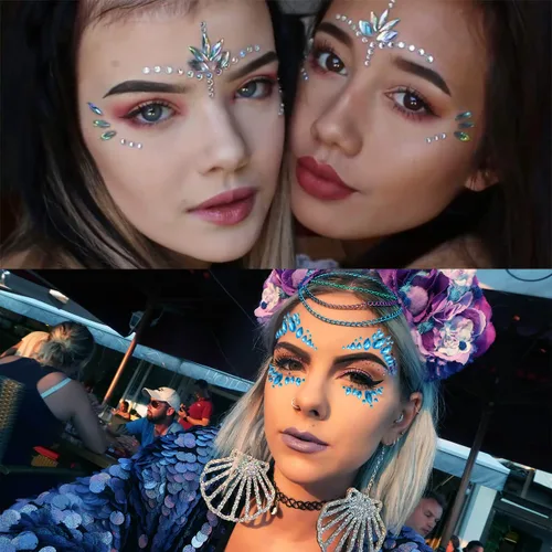 Vista 4 de 6 hojas de joyas para la cara, gemas para la cara, diamantes de imitación autoadhesivos para maquillaje, accesorios para disfraces de festivales