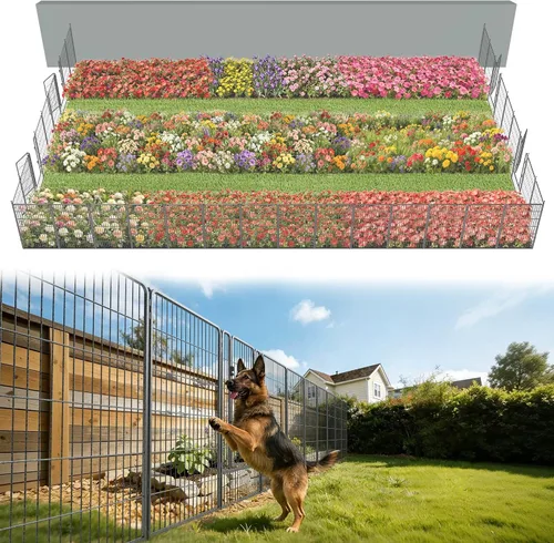 Vista 71 de FXW Valla de jardín al aire libre para el patio, 17 pulgadas de alto x 29.3 pies de largo, barrera de metal resistente para animales, para perros