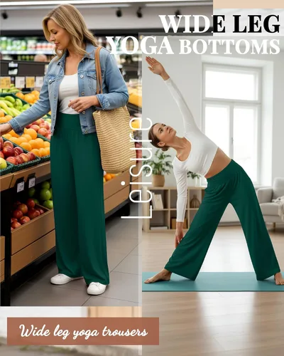 Vista 17 de Neer - Conjunto de 3 pantalones de yoga de pierna ancha para mujer - Pantalones deportivos cómodos, holgados, de cintura alta y casuales
