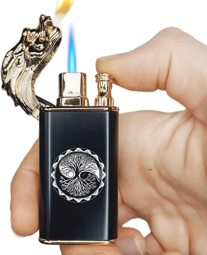 Vista 9 de Encendedor de dragón con doble llama recargable de chorro de butano, soplete de gas a prueba de viento (butano no incluido) (estilo 9 - Bitcoin)