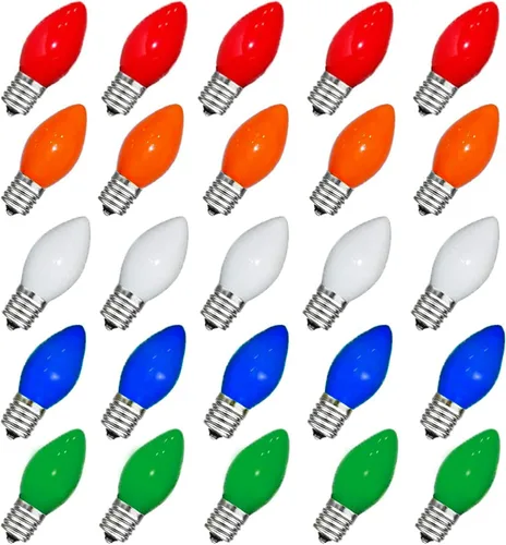 Vista 10 de Paquete de 25 bombillas de repuesto C7, base de candelabro C7/E12, luces de Navidad multicolor para exteriores, interiores, patio, 5 W