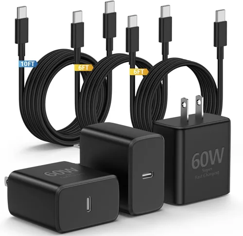 Vista 16 de Paquete de 2 cargadores USB C de 25W para Samsung Galaxy S24 Ultra, bloque de carga rápida súper silenciosa tipo C con cable C a C de 3 pies