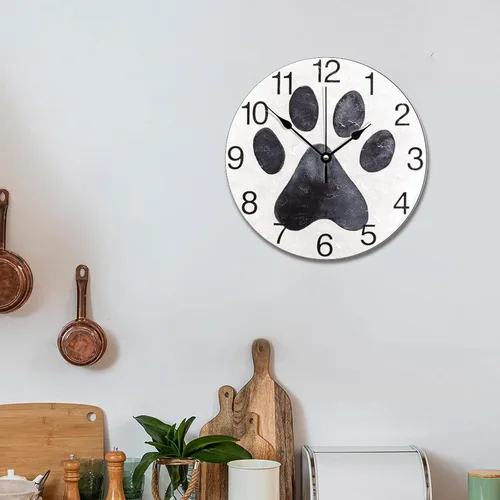 Vista 5 de Reloj de pared con estampado de pata de perro negro, reloj de madera de 10 pulgadas, silencioso, sin tictac, funciona con pilas, para sala de estar