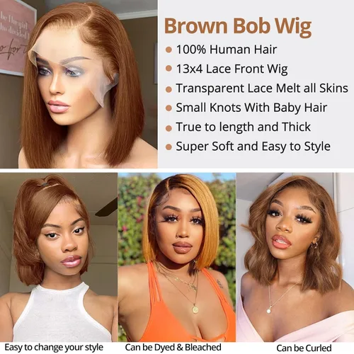Vista 2 de Peluca de cabello humano marrón con encaje frontal HD de 13 x 4 pulgadas, peluca corta estilo Bob para mujeres negras, prearrancada con abuelitos