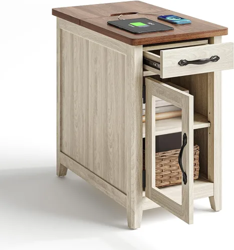 Vista 13 de LINSY HOME - Mesa auxiliar con estación de carga, mesa lateral para dormitorio con cajón y soporte desmontable, estante de almacenamiento con puerta