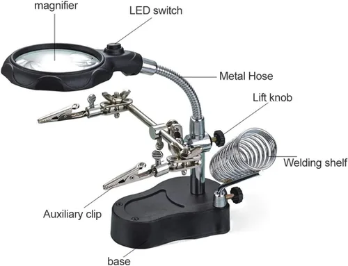 Vista 2 de Lupa de escritorio de luz LED con lente de rotación de 360 grados, iluminación 3.5X 12X con abrazadera y clips de cocodrilo, lupa de banco manos