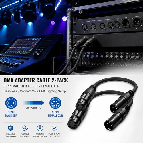 Vista 6 de Cable de iluminación DMX de 3 pines a 5 pines, cable adaptador XLR/DMX de 8 pulgadas, cables de micrófono XLR macho de 3 pines a 5 pines hembra
