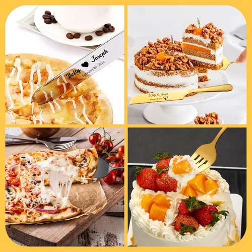 Vista 5 de Juego de cuchillos y servidores personalizados para tartas de boda, tenedores de acero inoxidable, cortador de tartas, juego de corte de pastel