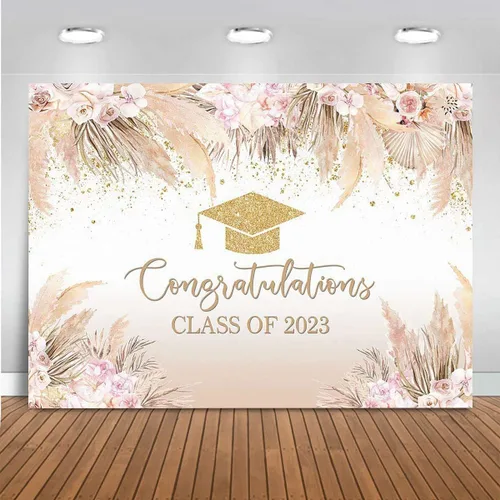 Vista 8 de Mocsicka Fondo de fiesta de graduación bohemio para clase de 2023, bohemio, elegante, rosa, flores doradas, gorra de despedida de soltero dorada