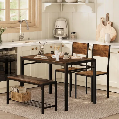 Vista 4 de Shahoo Mesa de cocina y 2 sillas para 4 personas con banco, juegos de comedor de 4 piezas para espacios pequeños, color marrón