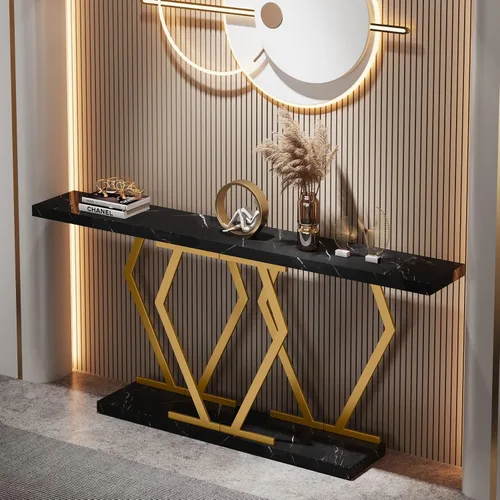 Vista 5 de Tribesigns - Mesa de sofá extra larga de 70.9 pulgadas. Mesa consola en negro y dorado con superficie de mármol sintético, mesa larga moderna