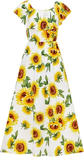 Vista 5 de PopReal - Vestidos con estampado floral a juego para madre e hija, de gasa, con volantes, manga corta, para la playa, con diadema, con tira de tela